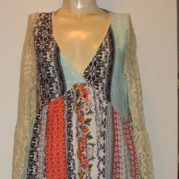 Patchwork Dress Lightweight Multicolor Off White Ivory Lace Sleeves S Hippee - Picture 5 of 12